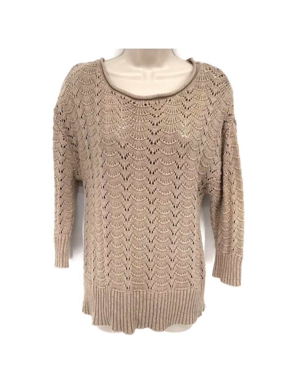 Sonoma Life + Style Beige Open-Knit 100% Cotton Sweater Womens L Long Sleeve